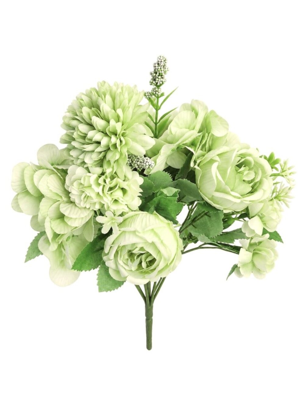 Light Green Artificial Flower Bush 7 Stem Faux Floral Bouquet Hydrangea Roses Mi